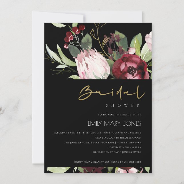 INVITACIÓN DUCHA DE BRIDAL FLORAL DE LA PROTEA BURGUNDY DE RU (Anverso)