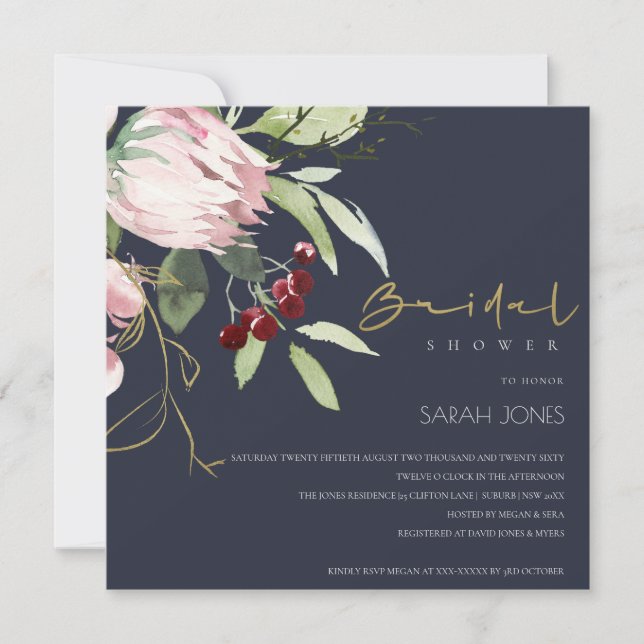 INVITACIÓN DUCHA DE BRIDAL FLORAL DE LA PROTEA DE BURGUNDY DE (Anverso)