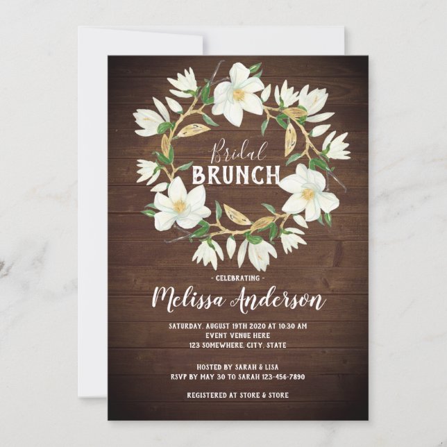 Invitación Ducha de Brunch Bridal de Madera Rústica Magnolia (Anverso)