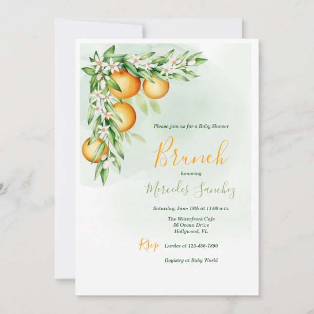 Invitación Ducha de brunch con flores de Naranja (Anverso)