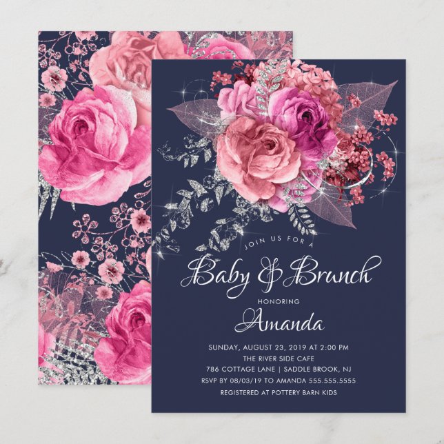 Invitación Ducha de brunch con flores rosadas y plateadas de  (Anverso / Reverso)