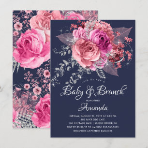Invitación Ducha de brunch con flores rosadas y plateadas de