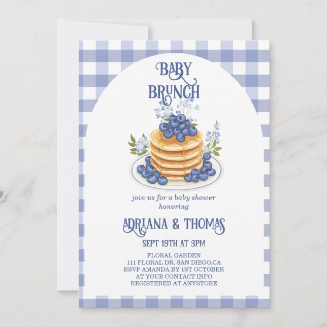Invitación Ducha de Brunch de Bebé Panqueque de Arándano (Anverso)