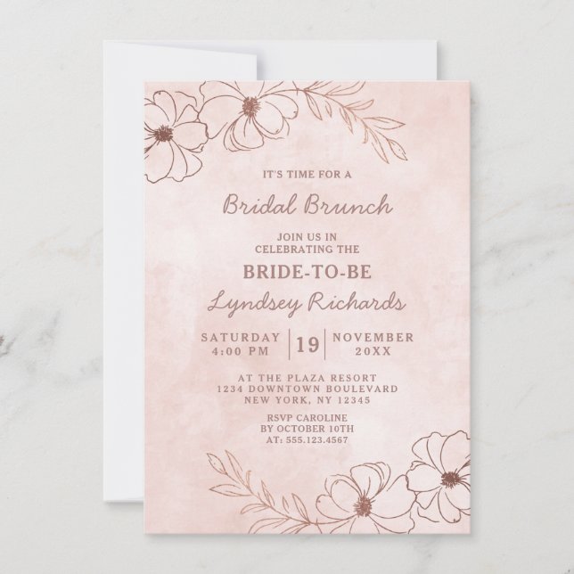 Invitación Ducha de brunch de novia rosa y Rosa de Rubor (Anverso)