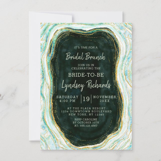 Invitación Ducha de brunch de novia verde y oro verde azulado (Anverso)