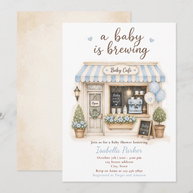 Invitación Ducha de Café Blue Baby Is Brewing (Anverso / Reverso)