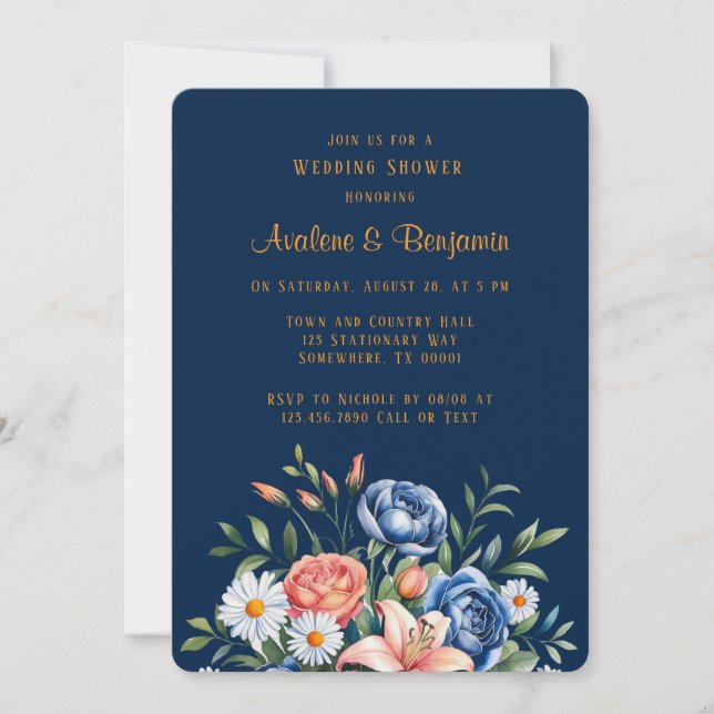 Invitación Ducha de casamiento azul y Naranja de la marina (Anverso)