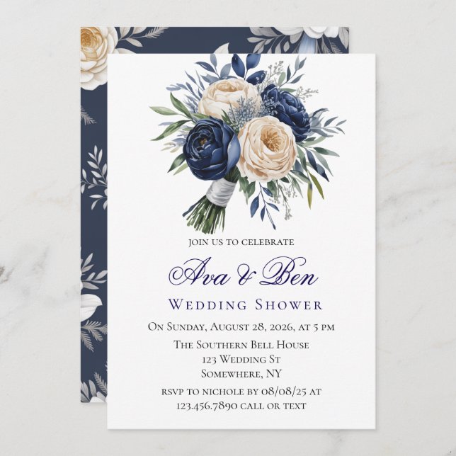 Invitación Ducha de casamiento con flores de marfil y azul de (Anverso / Reverso)