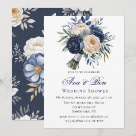 Invitación Ducha de casamiento con flores de marfil y azul de