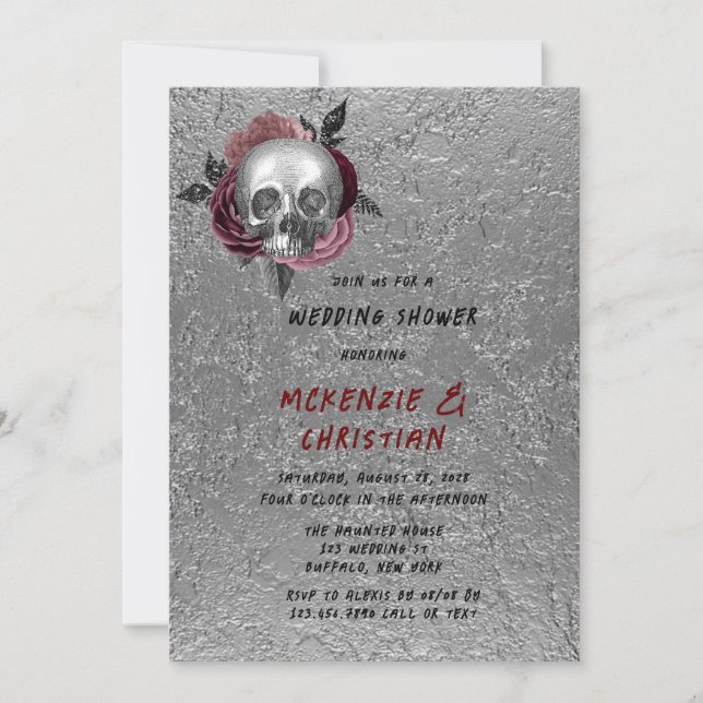 Invitación Ducha de casamiento de cabeza de cráneo negro rosa (Anverso)