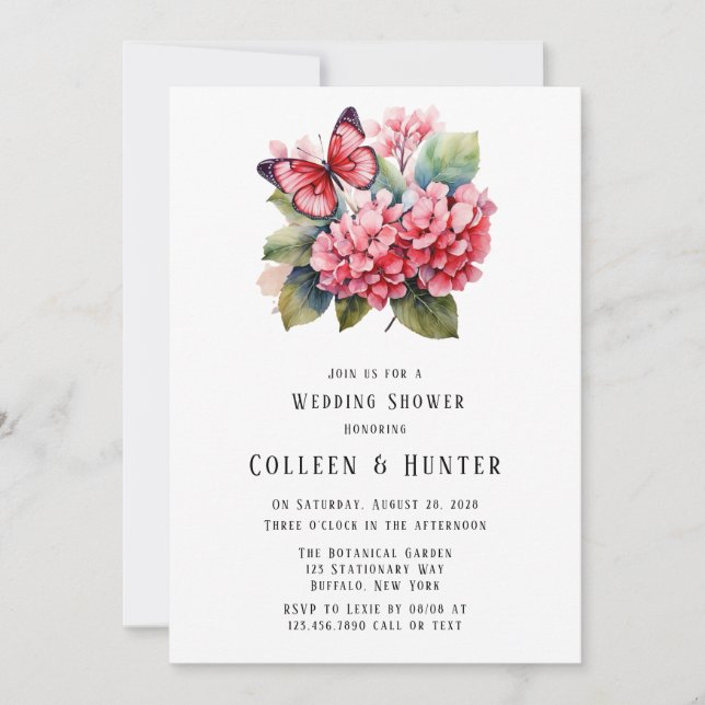 Invitación Ducha de casamiento de mariposa rosa Hydrangea But (Anverso)