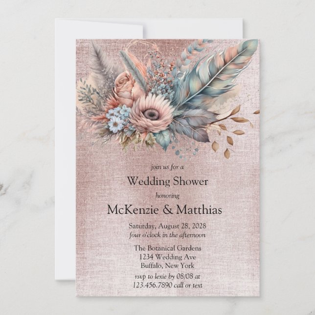 Invitación Ducha de casamiento de plumas florales de oro Rosa (Anverso)