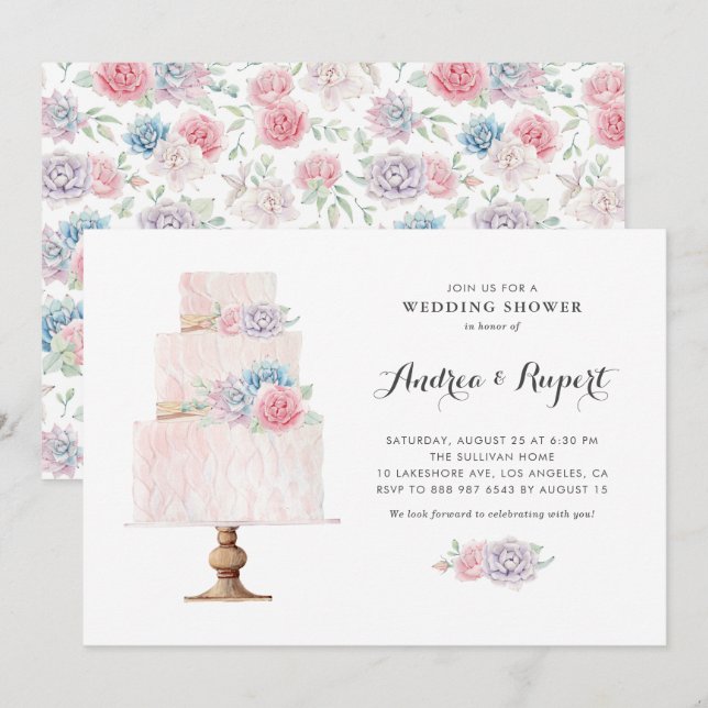 Invitación Ducha de casamiento de torta de nivel rosado de Ru (Anverso / Reverso)