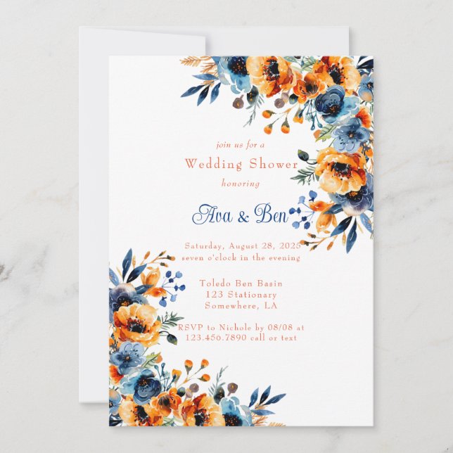 Invitación Ducha de casamiento floral azul y Naranja (Anverso)