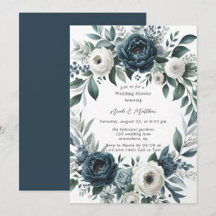 Invitación Ducha de casamiento floral de marfil azul y plata