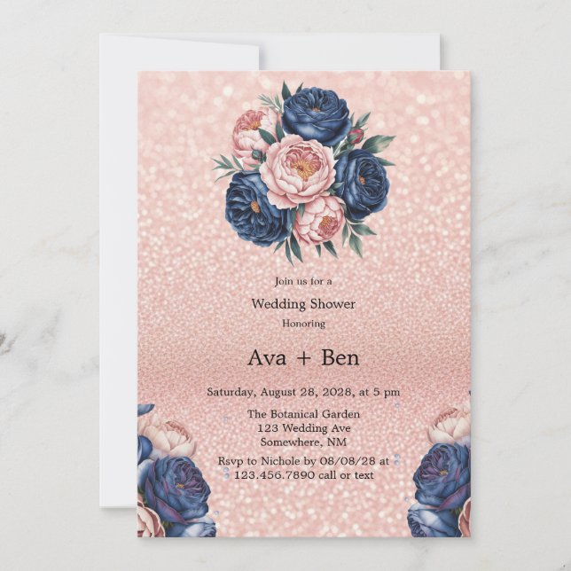 Invitación Ducha de casamiento floral de oro azul y Rosa de l (Anverso)