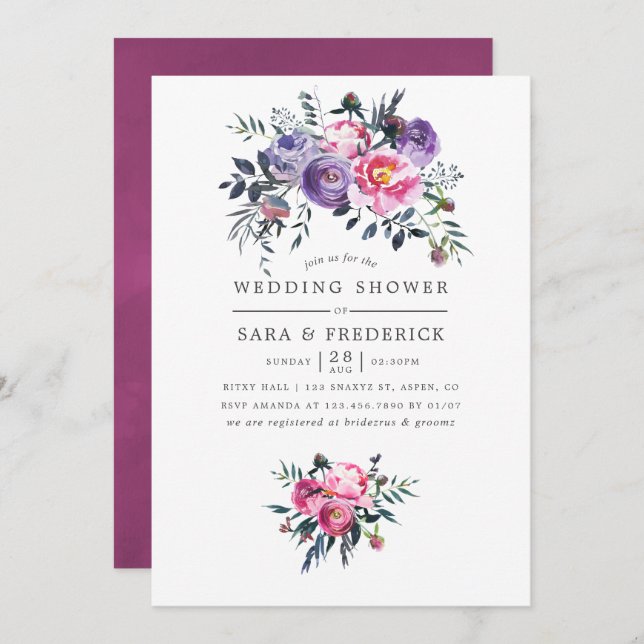 Invitación Ducha de casamiento floral de plumas y acuarelas r (Anverso / Reverso)