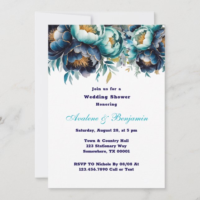 Invitación Ducha de casamiento peony azul de la Marina verde  (Anverso)