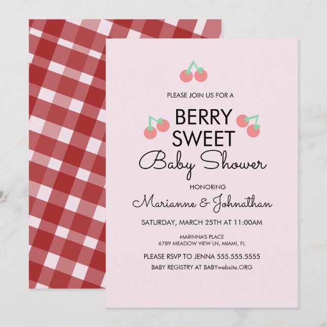 Invitación Ducha de Cerezas Frutas Rosa Rojo Bebé  (Anverso / Reverso)
