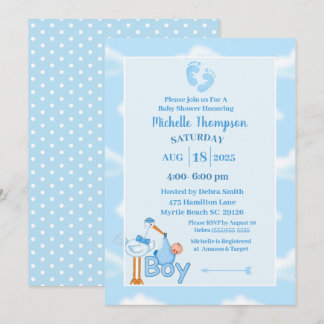 Invitación Ducha de cigüeña de niño blanco y azul