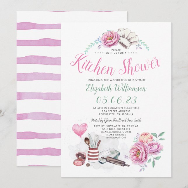 Invitación Ducha de cocina - Ducha nupcial floral (Anverso / Reverso)