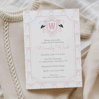 Invitación Ducha de color rosa Cigüeña Monograma Cresta Baby