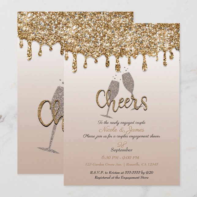 Invitación Ducha de compromiso con brillantina dorada (Anverso / Reverso)