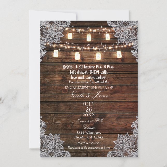 Invitación Ducha de compromiso con madera rústica de granero  (Anverso)