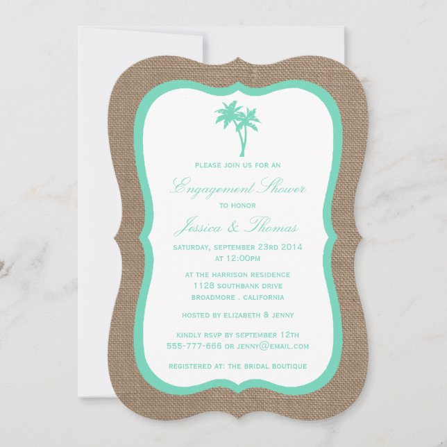 Invitación Ducha de compromiso de Burlap Beach, árbol de palm (Anverso)