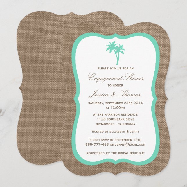 Invitación Ducha de compromiso de Burlap Beach, árbol de palm (Anverso / Reverso)