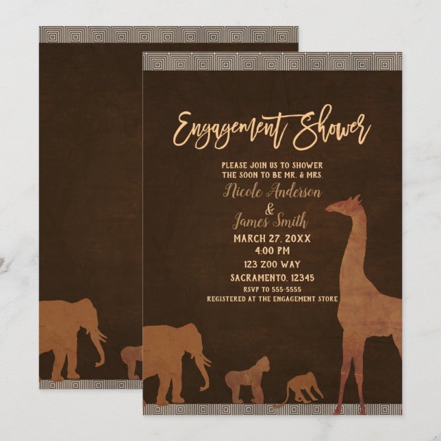 Invitación Ducha de compromiso del zoológico marrón de la jun (Anverso / Reverso)