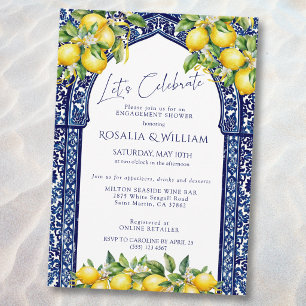 Invitación Ducha de compromiso mediterránea con azulejos azul