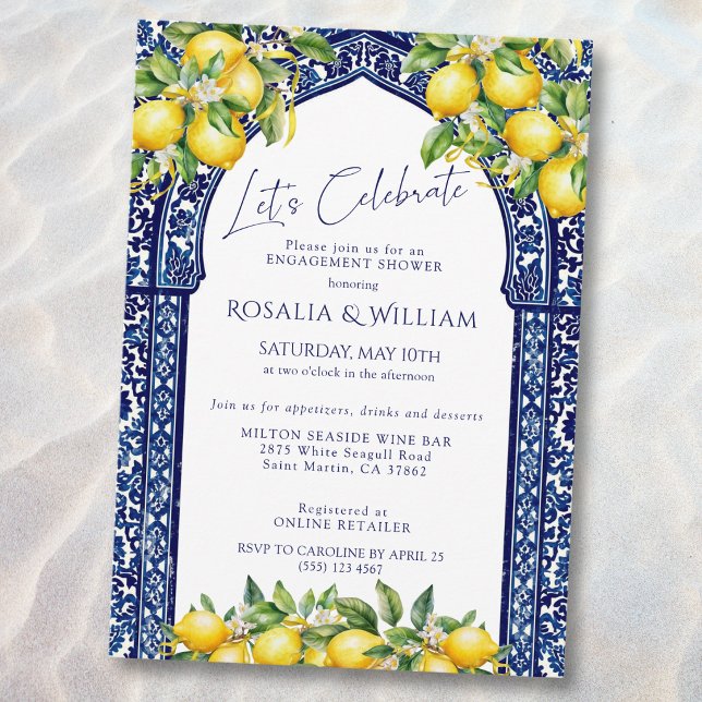 Invitación Ducha de compromiso mediterránea con azulejos azul (Subido por el creador)