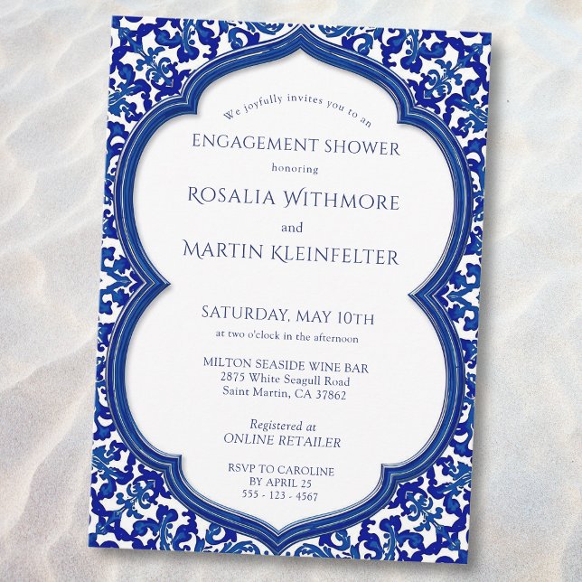 Invitación Ducha de compromiso mediterránea de azulejo azul (Subido por el creador)