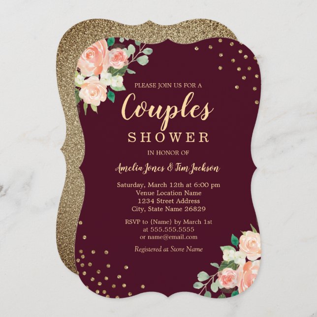 Invitación Ducha de Confetti con flores de oro de Borgoña (Anverso / Reverso)