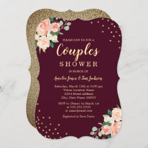 Invitación Ducha de Confetti con flores de oro de Borgoña