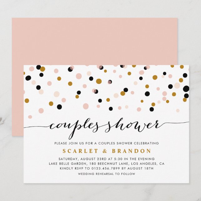 Invitación Ducha de confetti rosado, dorado y negro (Anverso / Reverso)