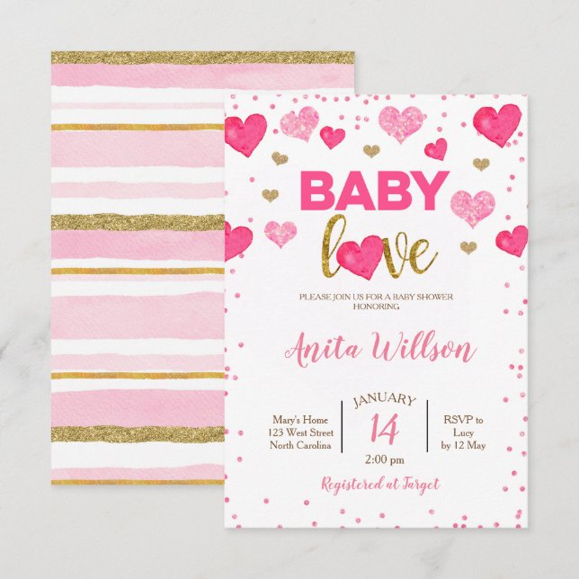 Invitación Ducha de Día de San Valentín Amor de Bebé (Anverso / Reverso)