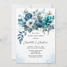 Invitación Ducha de dos Bodas de dos Purpurinas peones azules