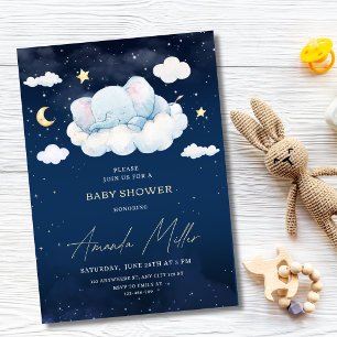 Invitación Ducha de elefante bebé cielo nocturno azul luna es