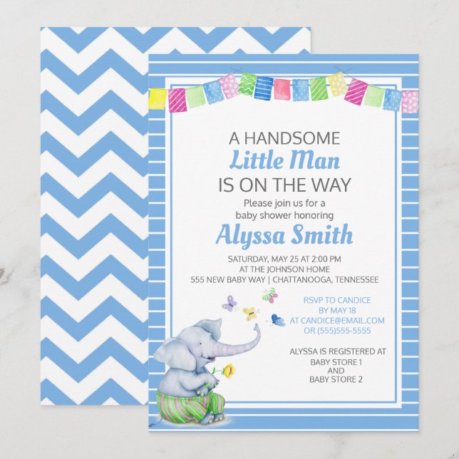 Invitación Ducha de Elefante Blanco Azul Bebé Niño (Anverso / Reverso)
