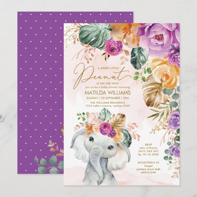 Invitación Ducha de elefante floral violeta de albaricoque tr (Anverso / Reverso)