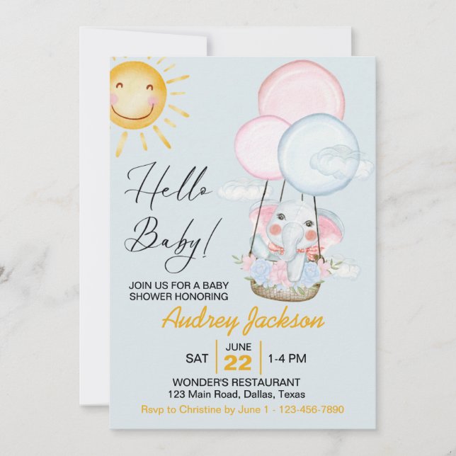 Invitación Ducha de elefante rosa y azul dulce (Anverso)