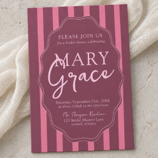 Invitación Ducha de escalope vintage a rayas rosa y borgoña