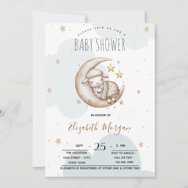 Invitación Ducha de estrellas luna nubes oveja bebé  (Anverso)