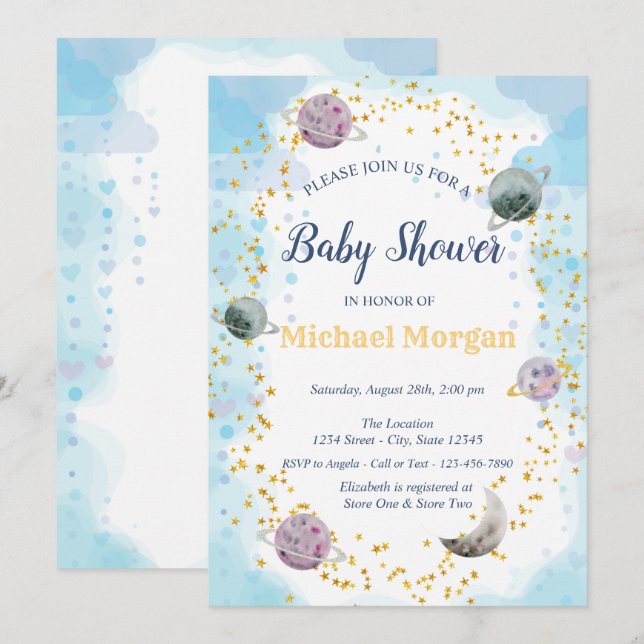 Invitación Ducha de estrellas y planetas para bebé azul (Anverso / Reverso)