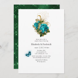 Invitación Ducha de Fantasía Turquesa y Oro para Parejas