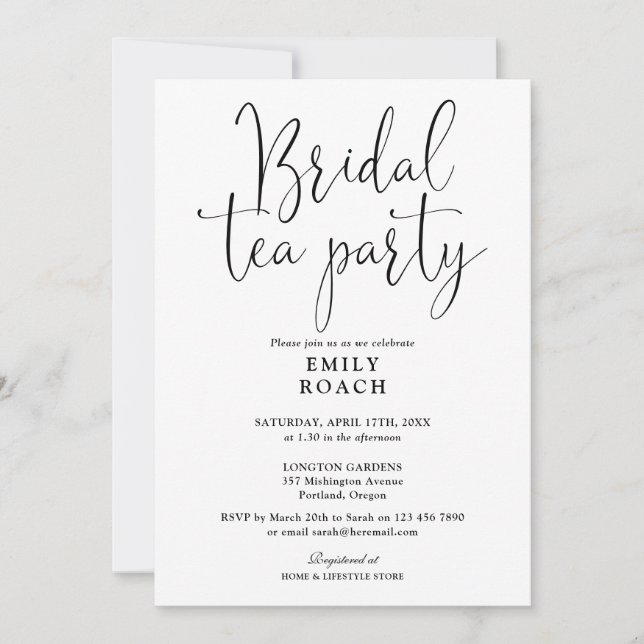 Invitación Ducha de Fiesta de té de novia con guión negro y b (Anverso)