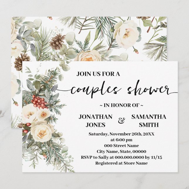 Invitación Ducha de Flores Blancas de Invierno para Parejas (Anverso / Reverso)
