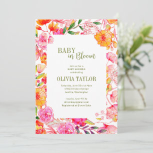 Invitación Ducha de flores de acuarela naranja rosa para bebé